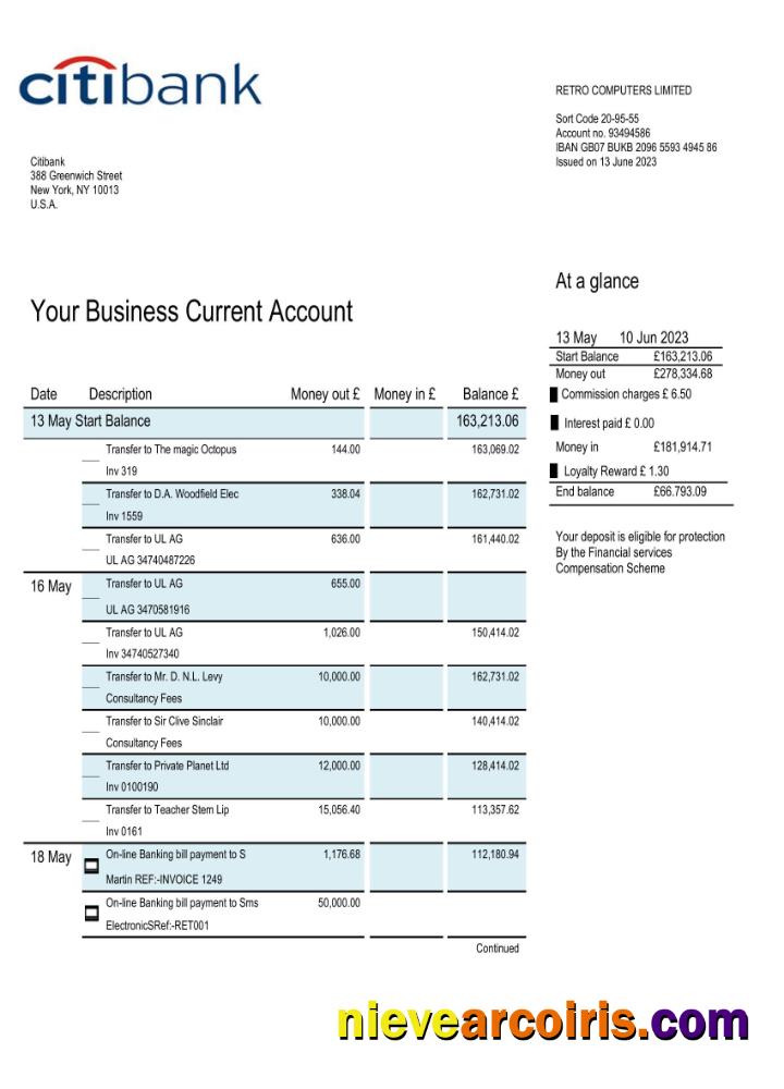 Citibank bank business account statement